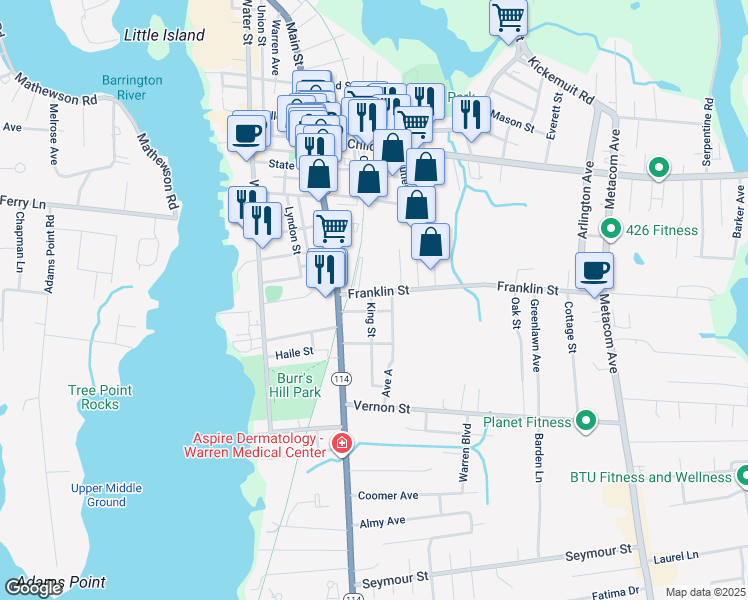 map of restaurants, bars, coffee shops, grocery stores, and more near 29 Franklin Street in Warren