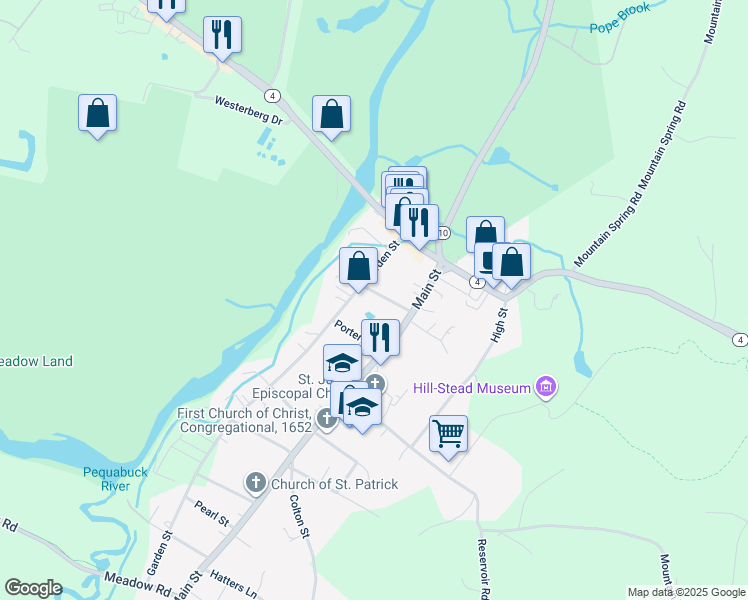 map of restaurants, bars, coffee shops, grocery stores, and more near 43 Garden Street in Farmington