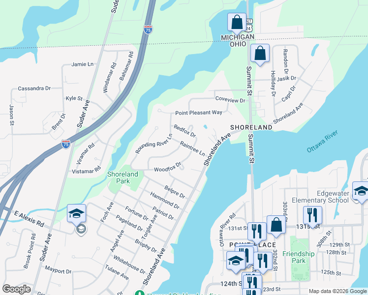 map of restaurants, bars, coffee shops, grocery stores, and more near 2536 Shallowford Drive in Toledo