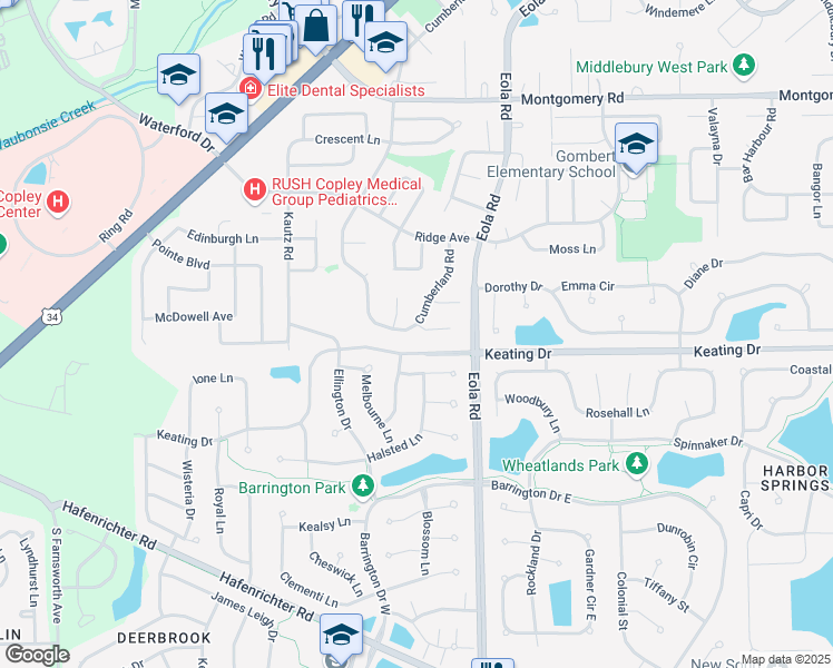 map of restaurants, bars, coffee shops, grocery stores, and more near 1713 Cumberland Road in Aurora