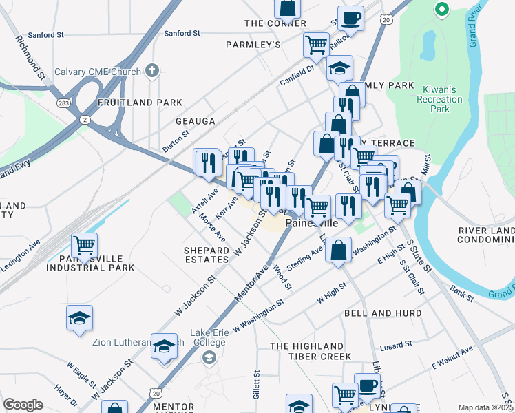 map of restaurants, bars, coffee shops, grocery stores, and more near 145 Richmond Street in Painesville