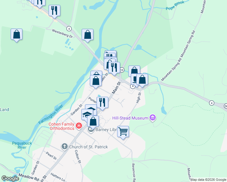 map of restaurants, bars, coffee shops, grocery stores, and more near 34 Main Street in Farmington