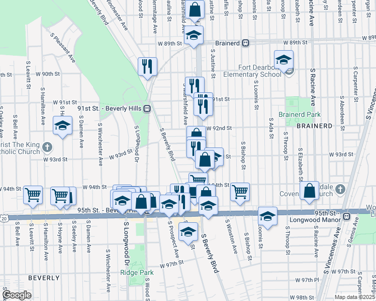 map of restaurants, bars, coffee shops, grocery stores, and more near 1643 West 92nd Place in Chicago