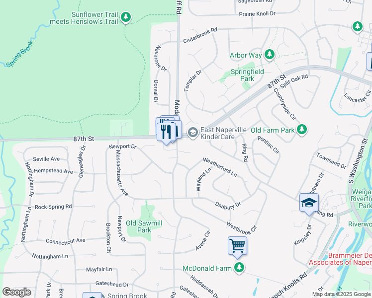 map of restaurants, bars, coffee shops, grocery stores, and more near 387 Amy Court in Naperville
