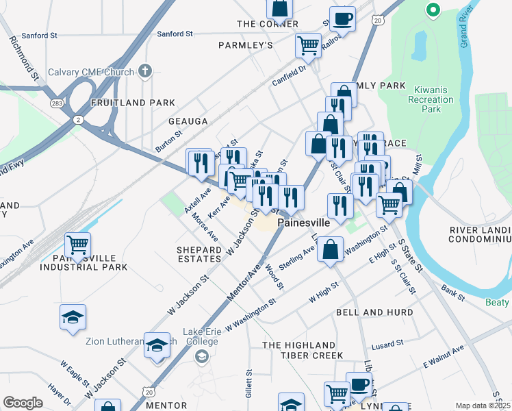 map of restaurants, bars, coffee shops, grocery stores, and more near 145 Richmond Street in Painesville