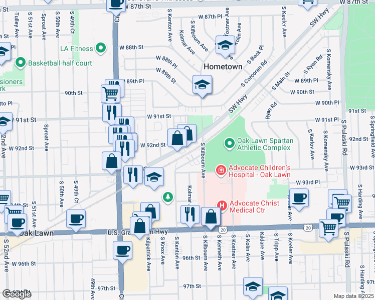 map of restaurants, bars, coffee shops, grocery stores, and more near 4535 Southwest Highway in Oak Lawn