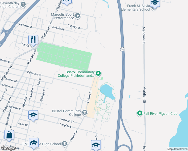 map of restaurants, bars, coffee shops, grocery stores, and more near Elsbree Street in Fall River