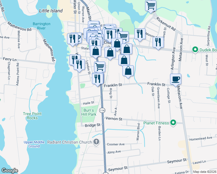 map of restaurants, bars, coffee shops, grocery stores, and more near 29 Franklin Street in Warren