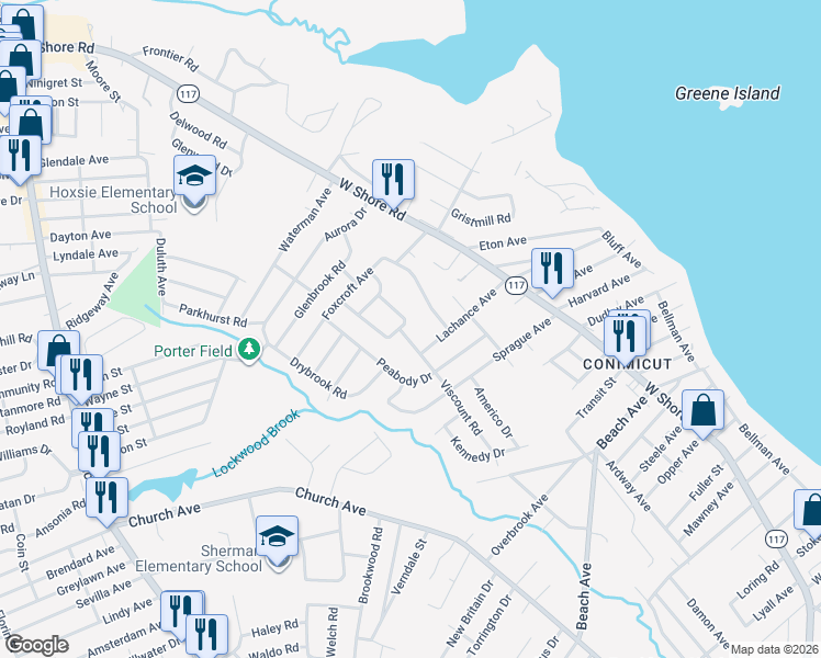 map of restaurants, bars, coffee shops, grocery stores, and more near 38 Grassmere Street in Warwick