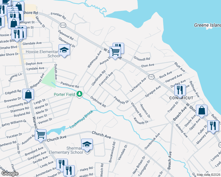 map of restaurants, bars, coffee shops, grocery stores, and more near 91 Grassmere Street in Warwick
