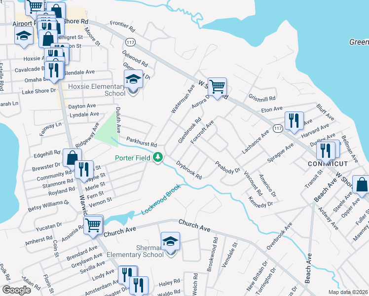 map of restaurants, bars, coffee shops, grocery stores, and more near 118 Glenbrook Road in Warwick