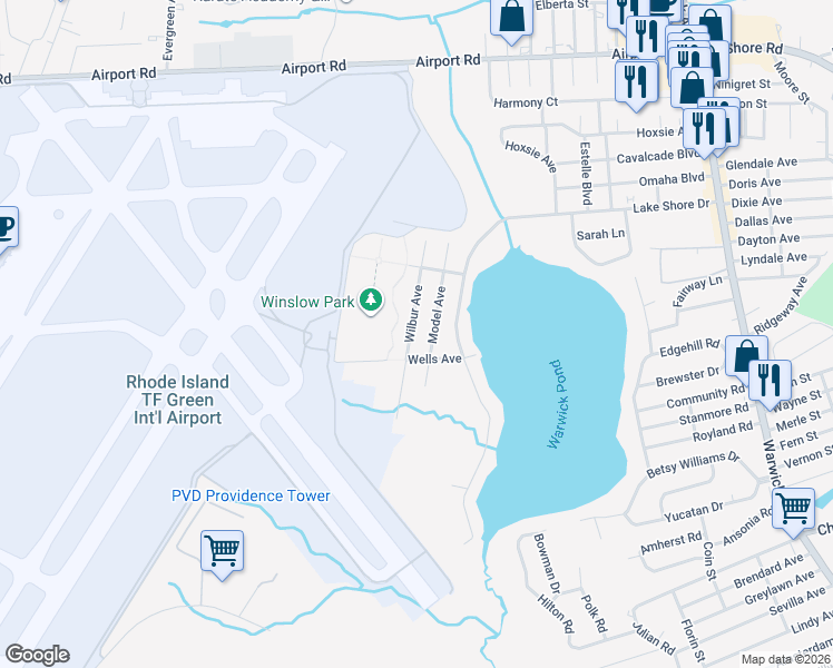 map of restaurants, bars, coffee shops, grocery stores, and more near 97 Wilbur Avenue in Warwick