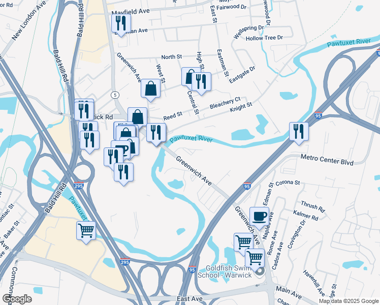 map of restaurants, bars, coffee shops, grocery stores, and more near 300 Lambert Lind Highway in Warwick