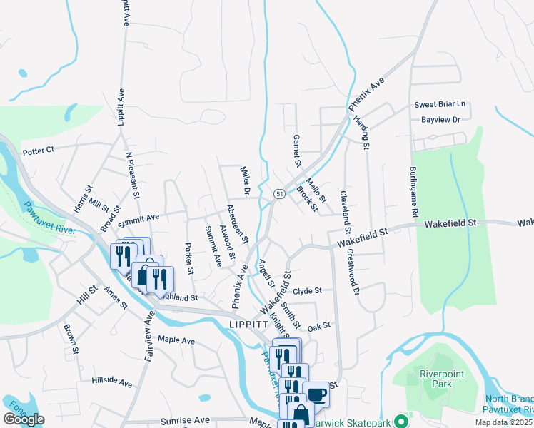 map of restaurants, bars, coffee shops, grocery stores, and more near 25 Woodbine Street in West Warwick