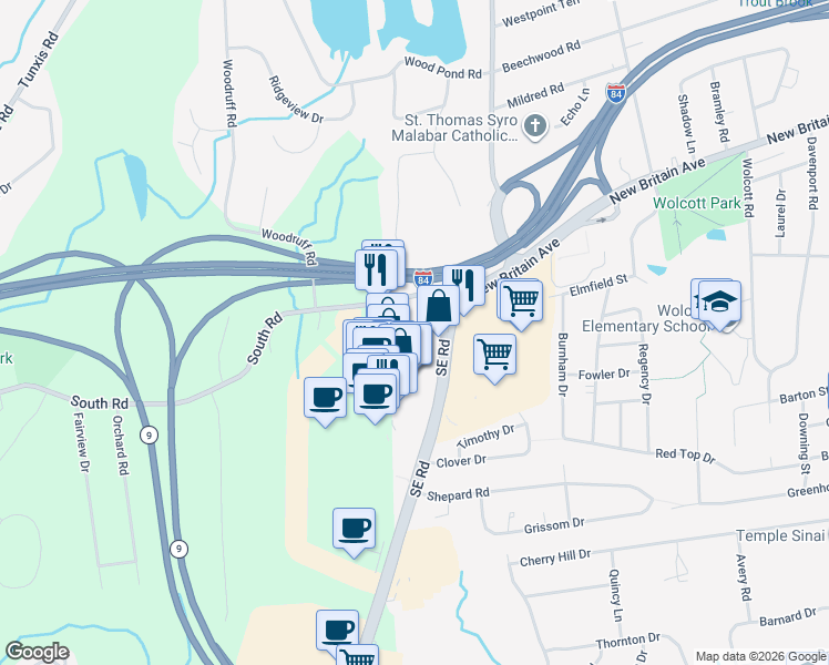 map of restaurants, bars, coffee shops, grocery stores, and more near 332 South Road in Farmington