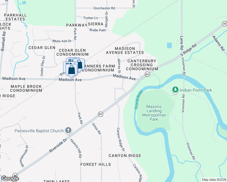 map of restaurants, bars, coffee shops, grocery stores, and more near 5411 Stoney Lane in Painesville