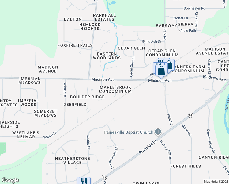 map of restaurants, bars, coffee shops, grocery stores, and more near 1318 Madison Avenue in Painesville