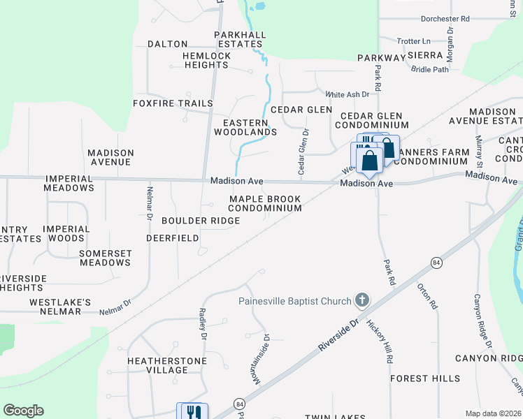 map of restaurants, bars, coffee shops, grocery stores, and more near 1318 Madison Avenue in Painesville