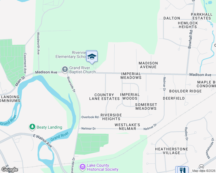 map of restaurants, bars, coffee shops, grocery stores, and more near 40 Country Lane Drive in Painesville