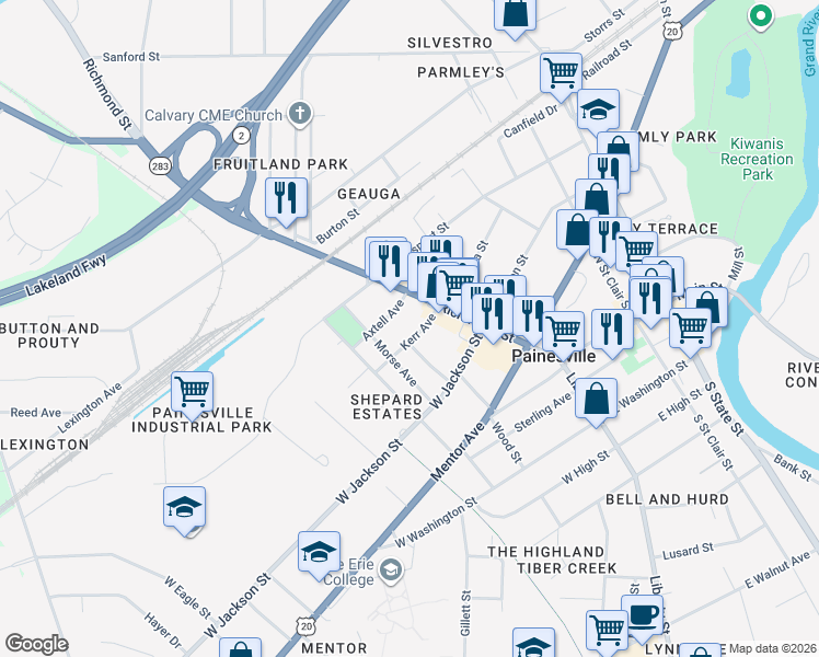 map of restaurants, bars, coffee shops, grocery stores, and more near 49 Axtell Avenue in Painesville