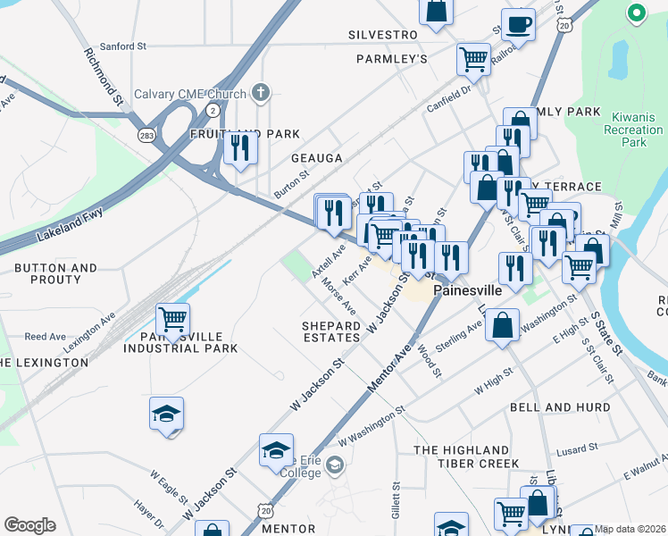 map of restaurants, bars, coffee shops, grocery stores, and more near 49 Axtell Avenue in Painesville