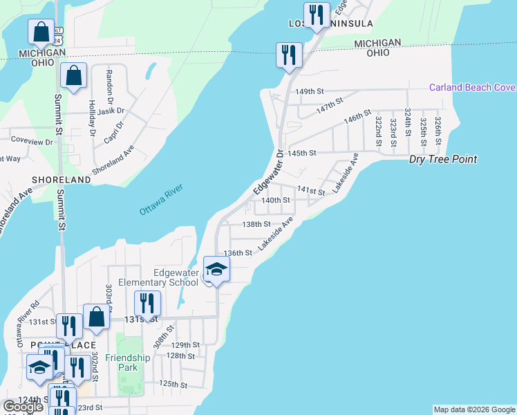 map of restaurants, bars, coffee shops, grocery stores, and more near 5836 314th Street in Toledo