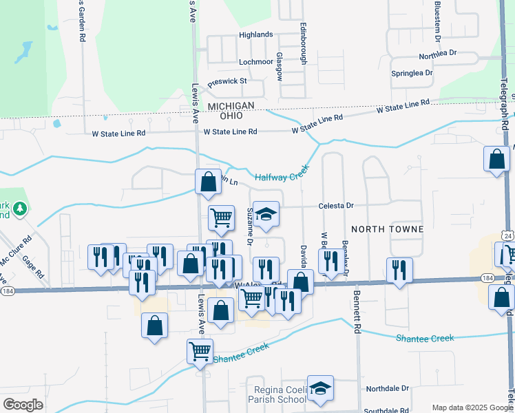 map of restaurants, bars, coffee shops, grocery stores, and more near 6016 Suzanne Drive in Toledo
