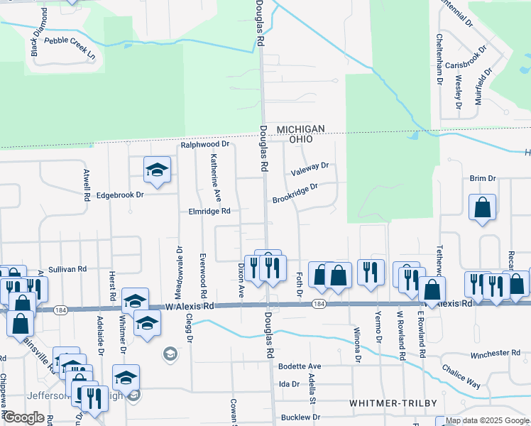 map of restaurants, bars, coffee shops, grocery stores, and more near 6027 Douglas Road in Toledo