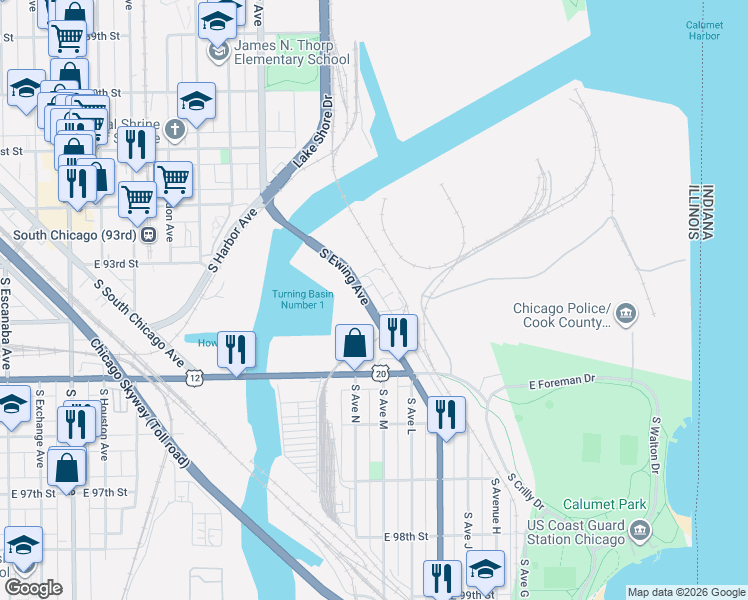 map of restaurants, bars, coffee shops, grocery stores, and more near 9383 South Ewing Avenue in Chicago