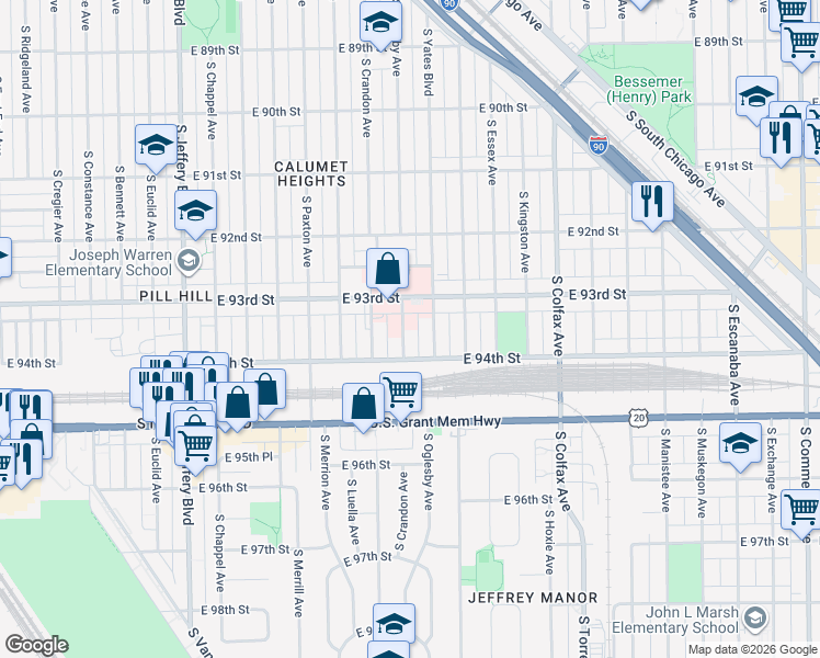 map of restaurants, bars, coffee shops, grocery stores, and more near 9322 South Oglesby Avenue in Chicago