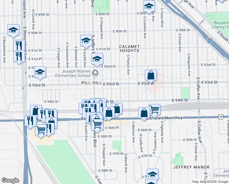 map of restaurants, bars, coffee shops, grocery stores, and more near 9316 South Clyde Avenue in Chicago
