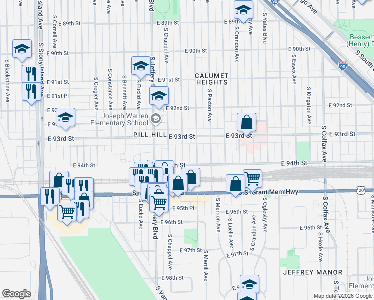 map of restaurants, bars, coffee shops, grocery stores, and more near 9316 South Clyde Avenue in Chicago