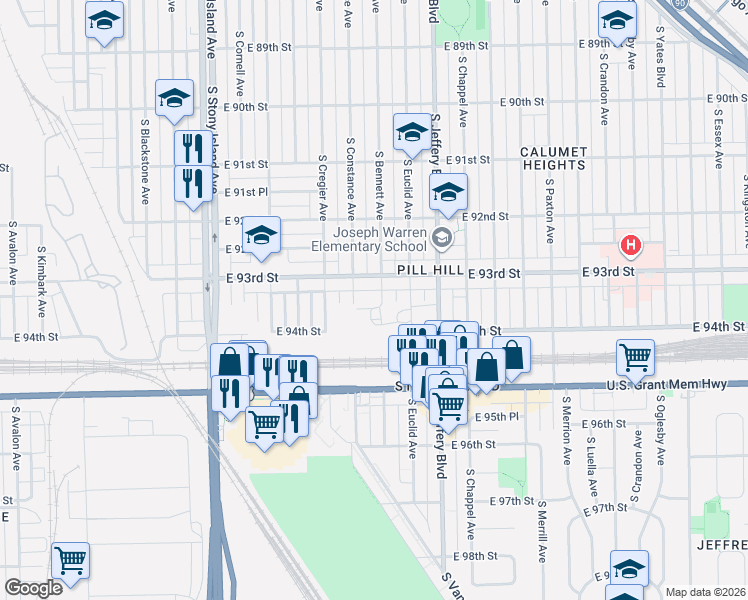map of restaurants, bars, coffee shops, grocery stores, and more near 9319 South Bennett Avenue in Chicago