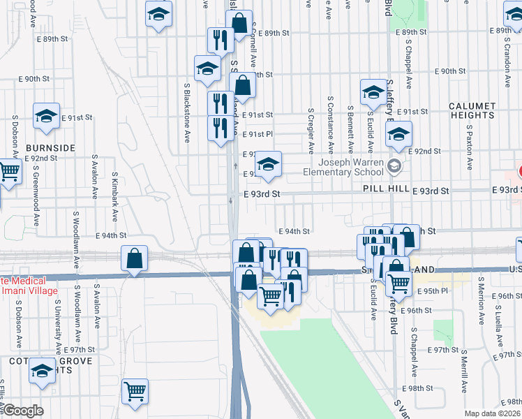 map of restaurants, bars, coffee shops, grocery stores, and more near 9315 South Cornell Avenue in Chicago