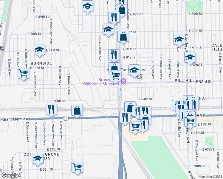 map of restaurants, bars, coffee shops, grocery stores, and more near 9315 South Harper Avenue in Chicago