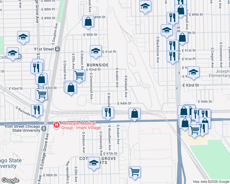 map of restaurants, bars, coffee shops, grocery stores, and more near 1223 East 93rd Street in Chicago
