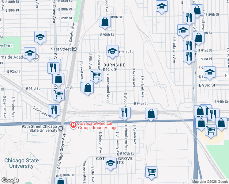 map of restaurants, bars, coffee shops, grocery stores, and more near 1107 East 93rd Street in Chicago