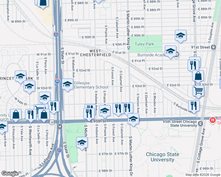 map of restaurants, bars, coffee shops, grocery stores, and more near 9301 South Forest Avenue in Chicago