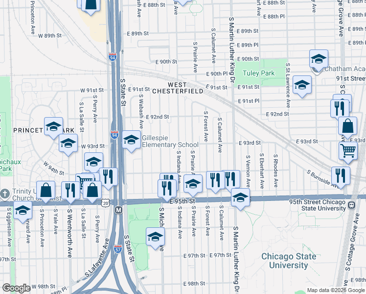 map of restaurants, bars, coffee shops, grocery stores, and more near 9256 South Prairie Avenue in Chicago