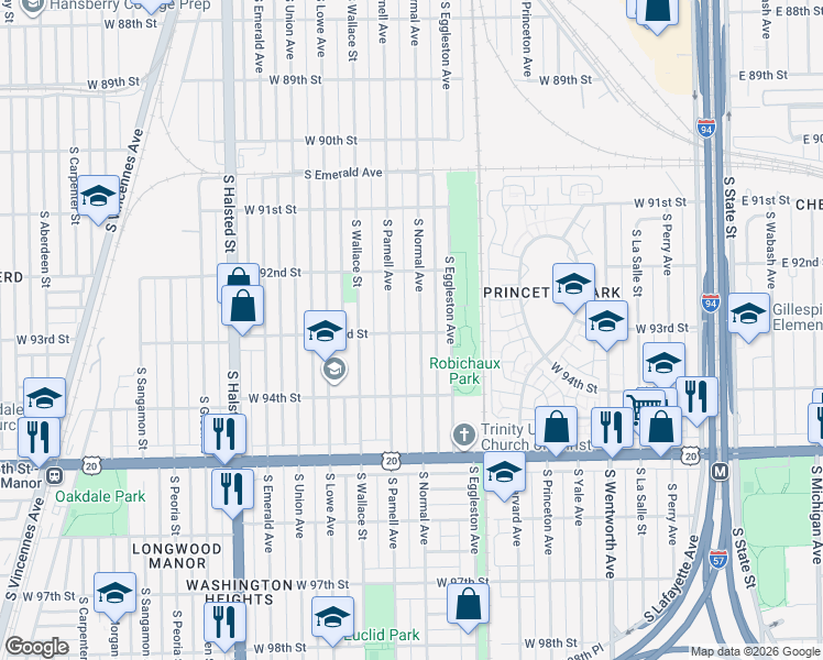 map of restaurants, bars, coffee shops, grocery stores, and more near 9251 South Normal Avenue in Chicago