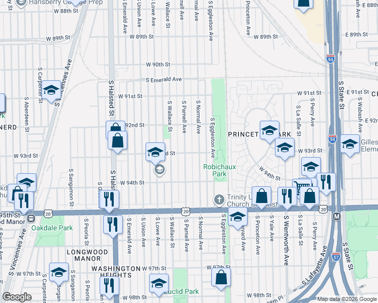 map of restaurants, bars, coffee shops, grocery stores, and more near 9252 South Parnell Avenue in Chicago