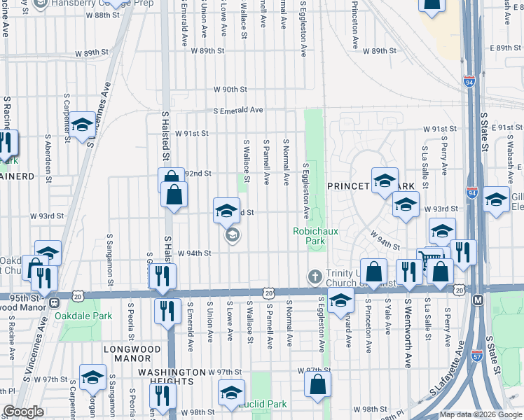 map of restaurants, bars, coffee shops, grocery stores, and more near 9252 South Parnell Avenue in Chicago