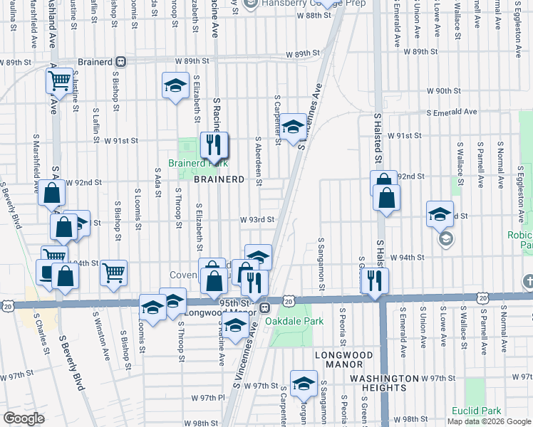 map of restaurants, bars, coffee shops, grocery stores, and more near 9246 South Vincennes Avenue in Chicago