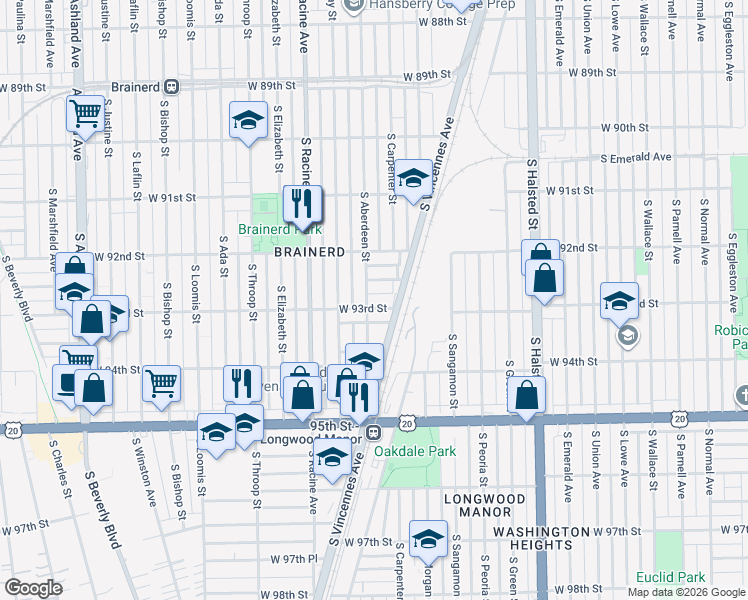 map of restaurants, bars, coffee shops, grocery stores, and more near 9246 South Aberdeen Street in Chicago