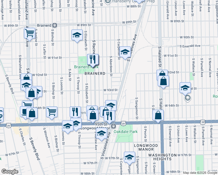 map of restaurants, bars, coffee shops, grocery stores, and more near 9246 South Aberdeen Street in Chicago
