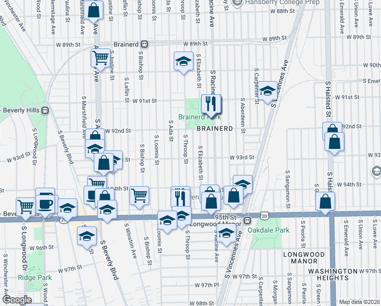 map of restaurants, bars, coffee shops, grocery stores, and more near 9239 South Throop Street in Chicago