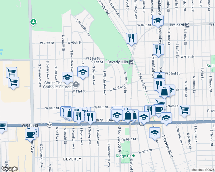 map of restaurants, bars, coffee shops, grocery stores, and more near 9231 South Winchester Avenue in Chicago