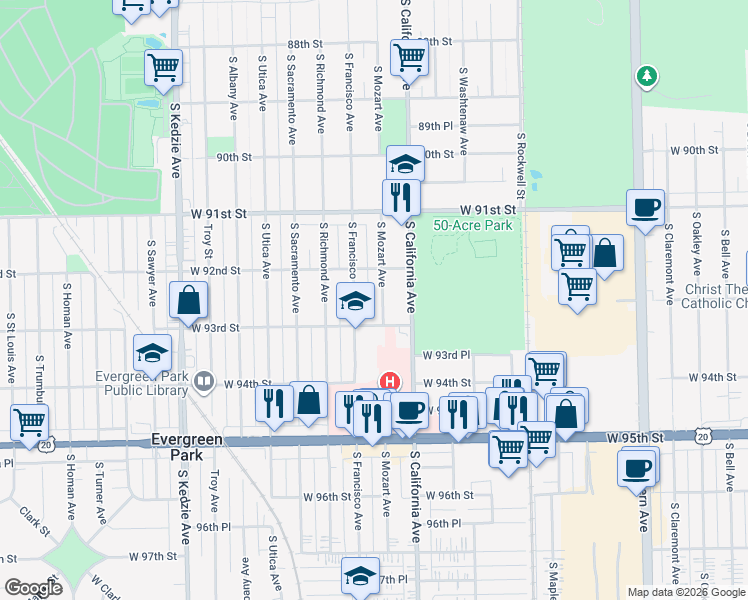 map of restaurants, bars, coffee shops, grocery stores, and more near 9231 South Mozart Avenue in Evergreen Park