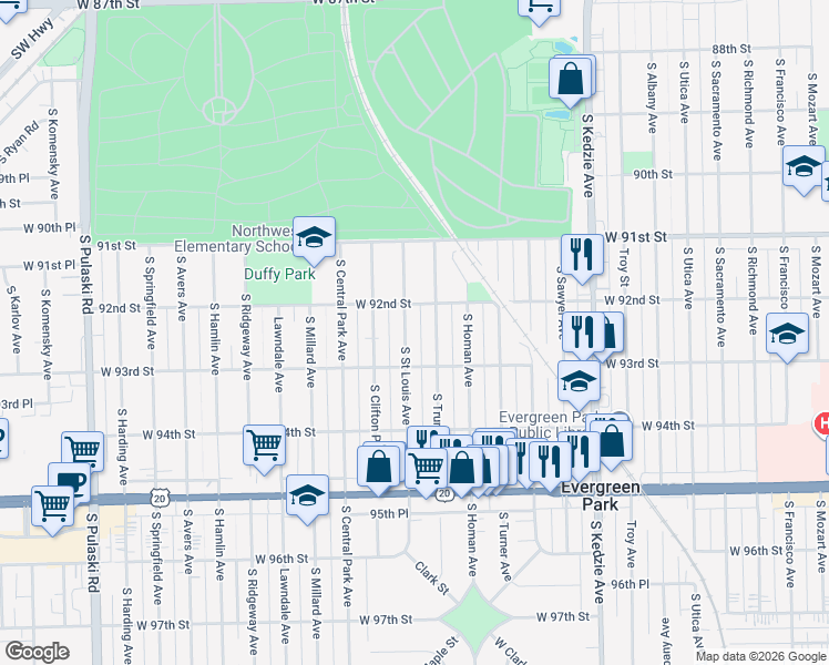 map of restaurants, bars, coffee shops, grocery stores, and more near 9216 South Saint Louis Avenue in Chicago
