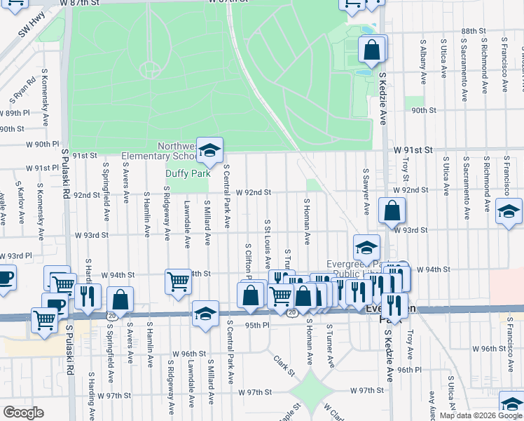 map of restaurants, bars, coffee shops, grocery stores, and more near 9216 South Saint Louis Avenue in Chicago
